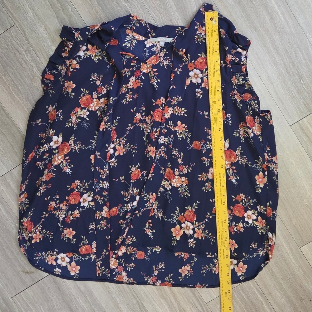 Sweet Rain Navy Blue Floral Ruffle Tie Neck Sleeveless Blouse Plus Size 3XL